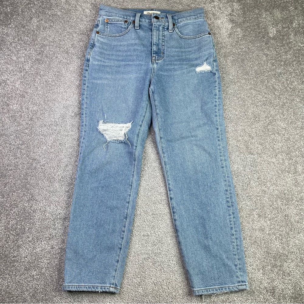 Madewell Mom Jean Women's 27 Petite Blue Tapered High Rise Light Wash Distressed